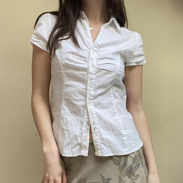 Pleated Stitching Lapel Short-sleeved Shirt Easy Matching Waisted Slimming College Top