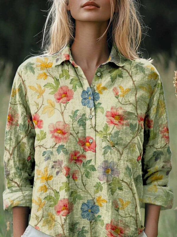 New Casual Printed Floral Button Polo Collar Top Shirt For Women - Image 6