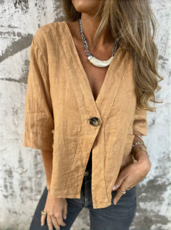 Casual Women's V-neck Cotton And Linen Solid Color ShirtT-shirt - Image 9