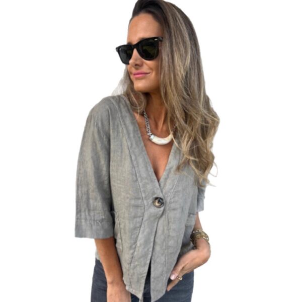 Casual Women's V-neck Cotton And Linen Solid Color ShirtT-shirt - Image 5