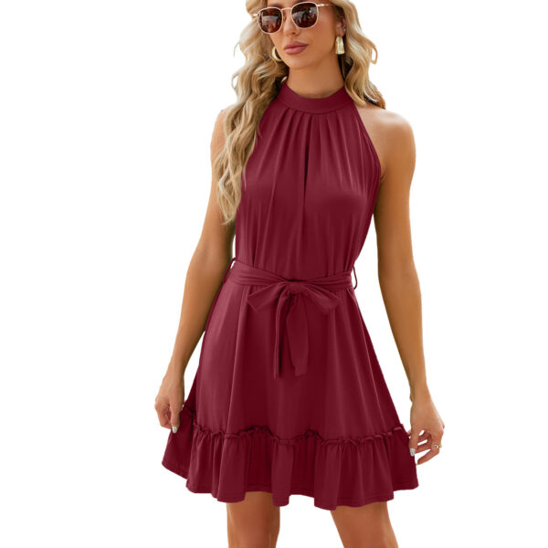 Solid Color Round Neck Halter Lace-up Dress Women - Image 3