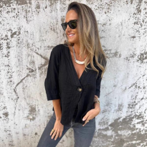 Casual Women's V-neck Cotton And Linen Solid Color ShirtT-shirt - Image 2