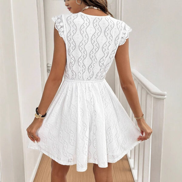 Knitted Jacquard Hollow Out V-neck Stretch Lace Skirt Dress - Image 3