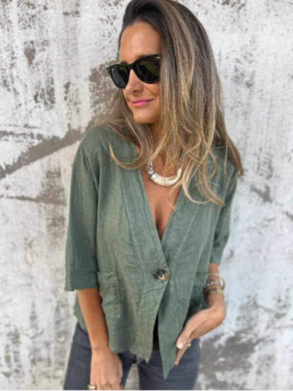 Casual Women's V-neck Cotton And Linen Solid Color ShirtT-shirt - Image 8