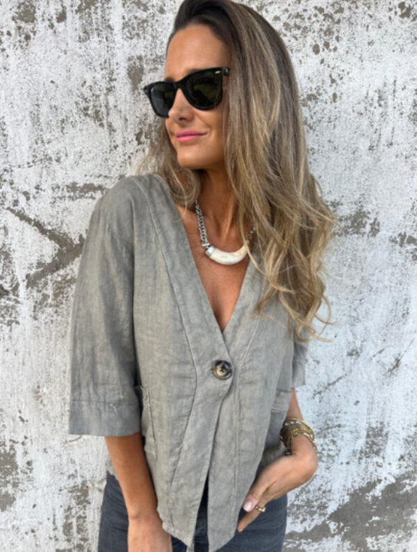 Casual Women's V-neck Cotton And Linen Solid Color ShirtT-shirt - Image 10