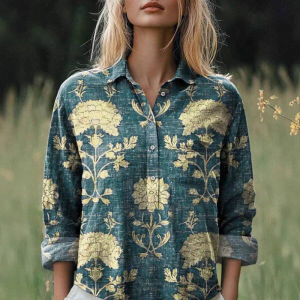 New Casual Printed Floral Button Polo Collar Top Shirt For Women - Image 2