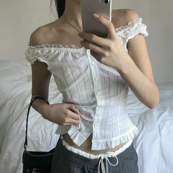 T-shirt Stitching Breasted Waist Slimming Hot Girl Temperament Top Women's Clothing - Image 3