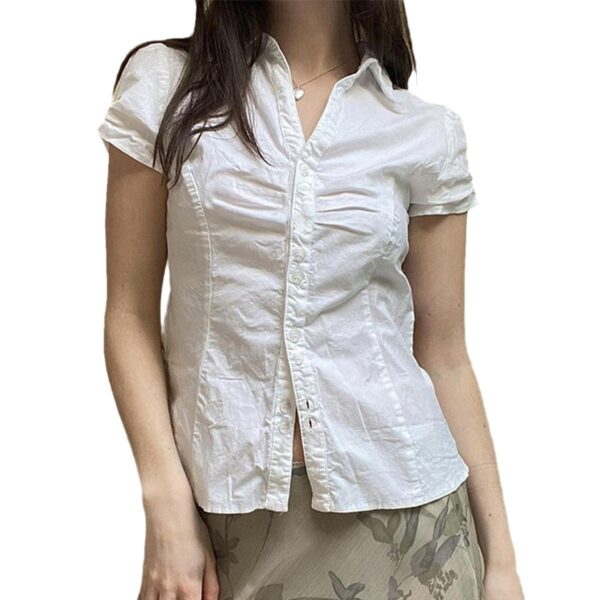 Pleated Stitching Lapel Short-sleeved Shirt Easy Matching Waisted Slimming College Top - Image 5