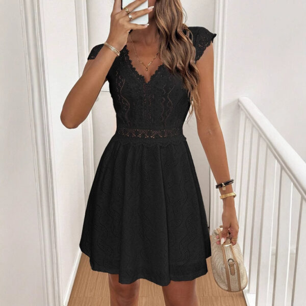 Knitted Jacquard Hollow Out V-neck Stretch Lace Skirt Dress - Image 4