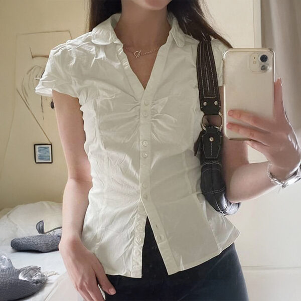 Pleated Stitching Lapel Short-sleeved Shirt Easy Matching Waisted Slimming College Top - Image 2