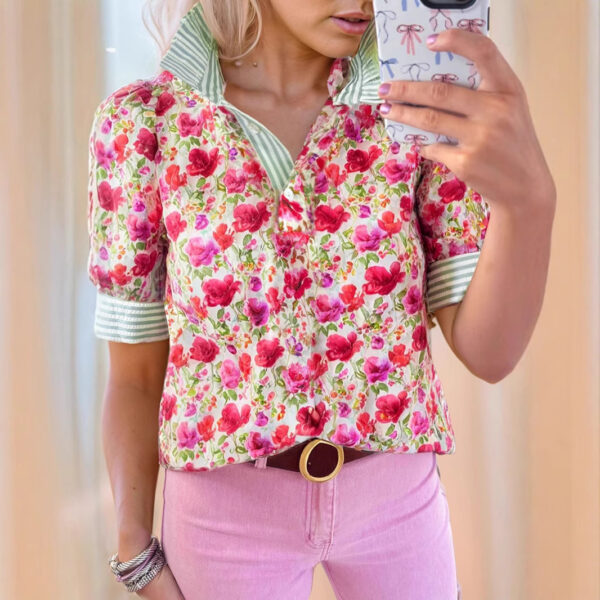 Printed Casual Loose Breathable Short Sleeve Shirt SpringSummer New V-neck - Image 4