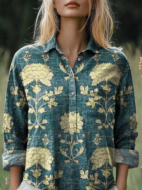 New Casual Printed Floral Button Polo Collar Top Shirt For Women - Image 7