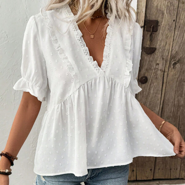 Women's Cut Flower Fur Ball Short-sleeved Lace Shirt - Image 2