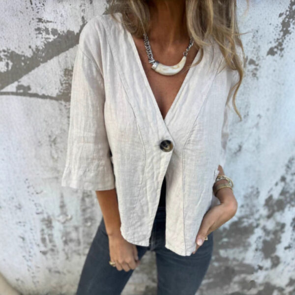 Casual Women's V-neck Cotton And Linen Solid Color ShirtT-shirt - Image 3