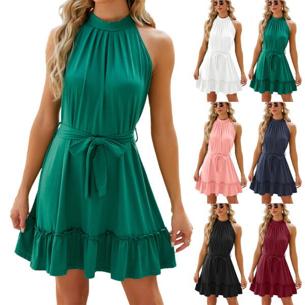 Solid Color Round Neck Halter Lace-up Dress Women - Image 2