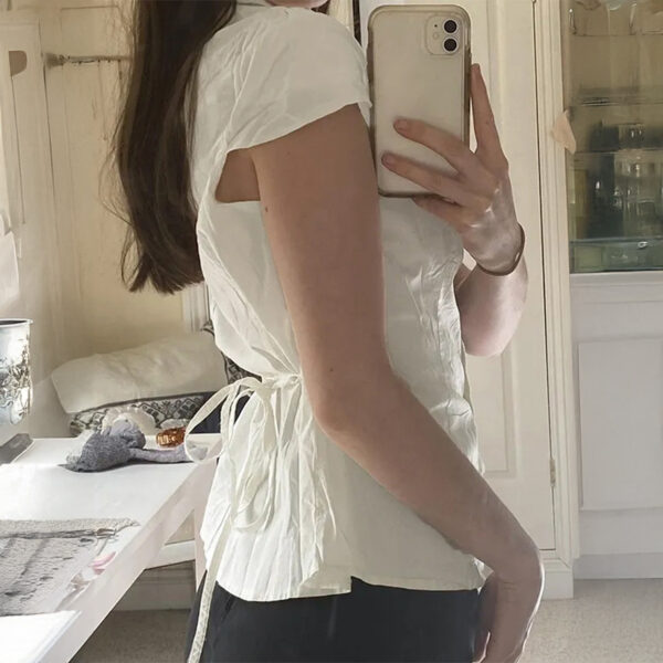Pleated Stitching Lapel Short-sleeved Shirt Easy Matching Waisted Slimming College Top - Image 4