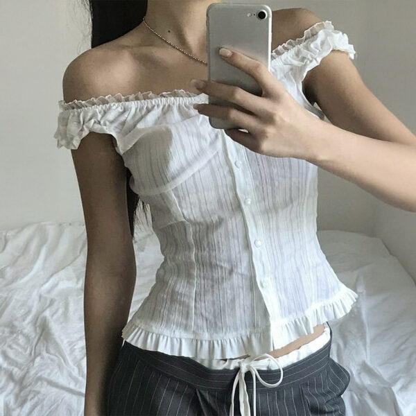 T-shirt Stitching Breasted Waist Slimming Hot Girl Temperament Top Women's Clothing - Image 2
