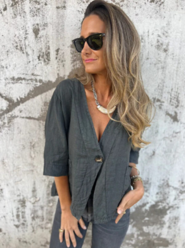 Casual Women's V-neck Cotton And Linen Solid Color ShirtT-shirt - Image 7