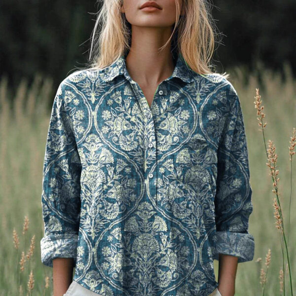 New Casual Printed Floral Button Polo Collar Top Shirt For Women - Image 3