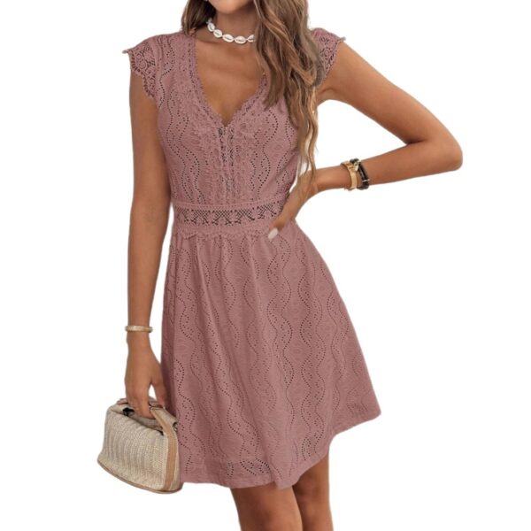 Knitted Jacquard Hollow Out V-neck Stretch Lace Skirt Dress - Image 5