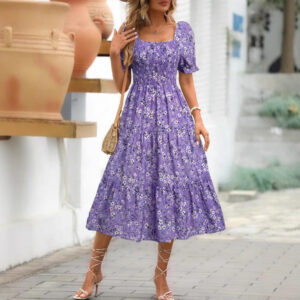 Printed Square Collar Waist-tight Puff Sleeve Layered Dress