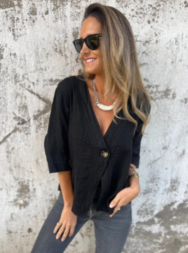 Casual Women's V-neck Cotton And Linen Solid Color ShirtT-shirt - Image 6