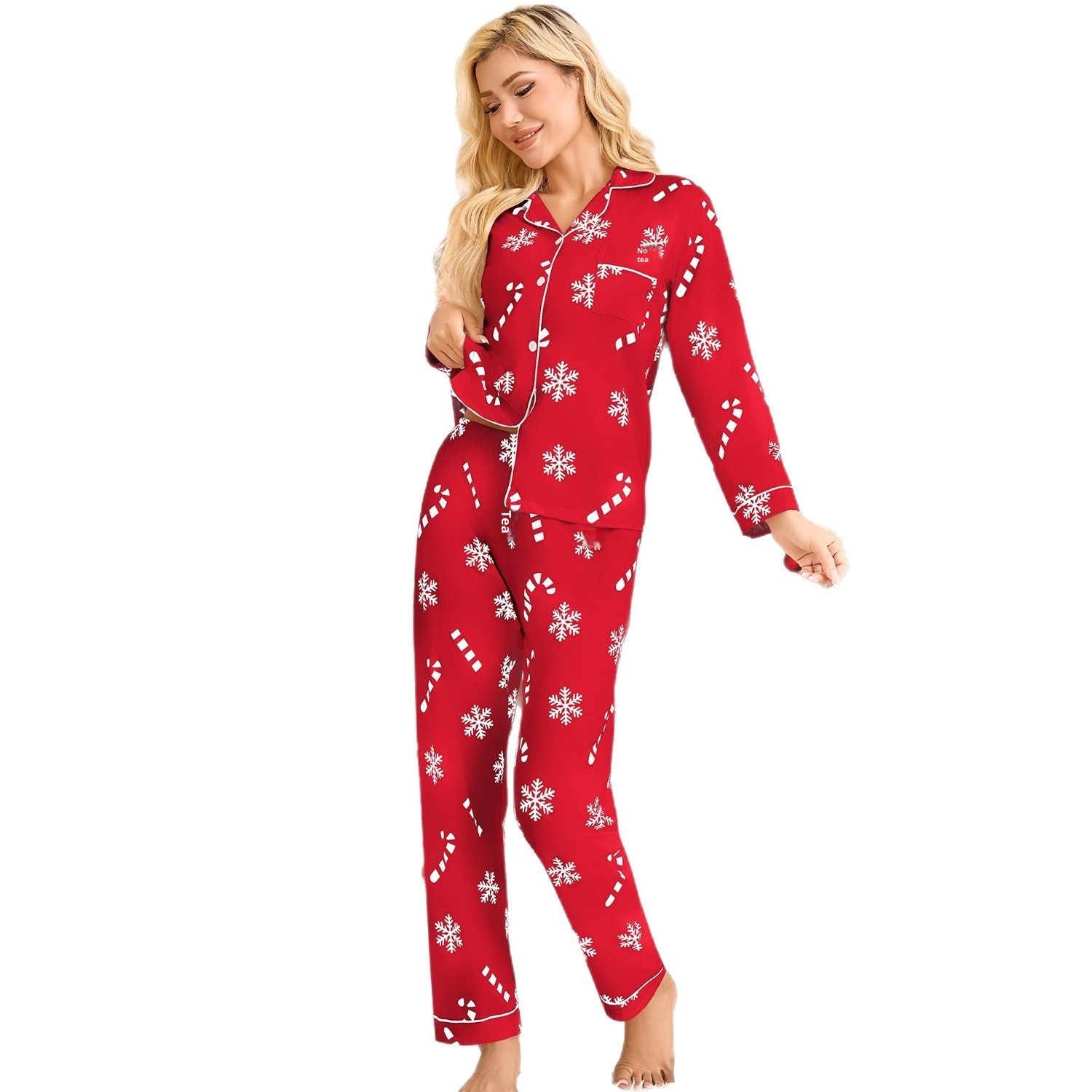 Holiday Pajamas Women's Lapel Cardigan Long Sleeve Pants Suit Women's - Image 2