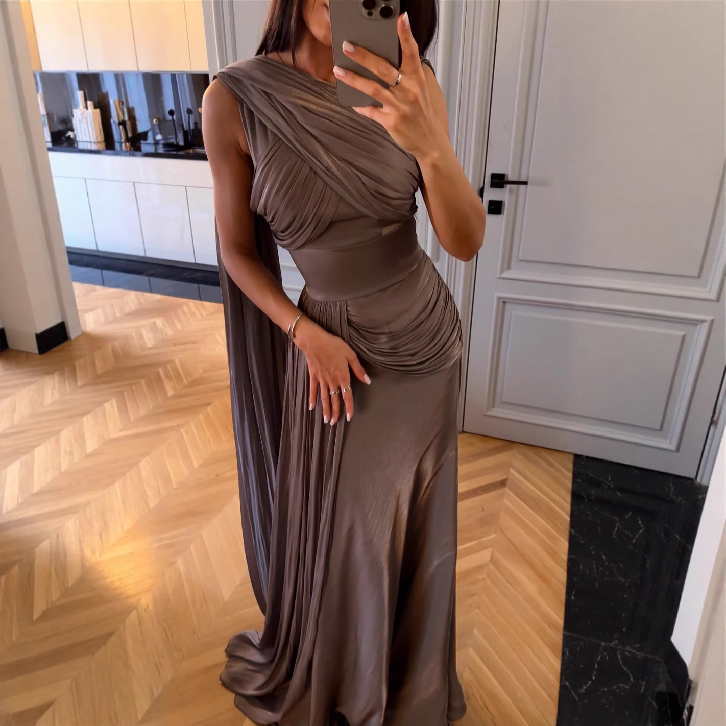 Pleated Ribbon Satin Evening Dress - Image 4
