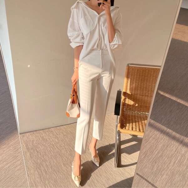White Cropped Suit Pants High Waist Drooping Casual - Image 5