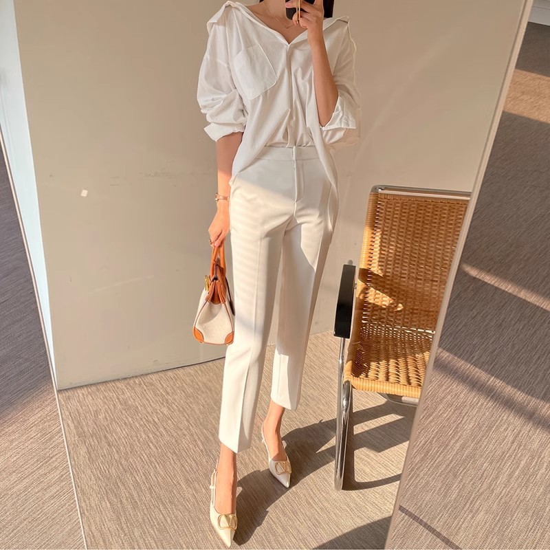 White Cropped Suit Pants High Waist Drooping Casual - Image 5