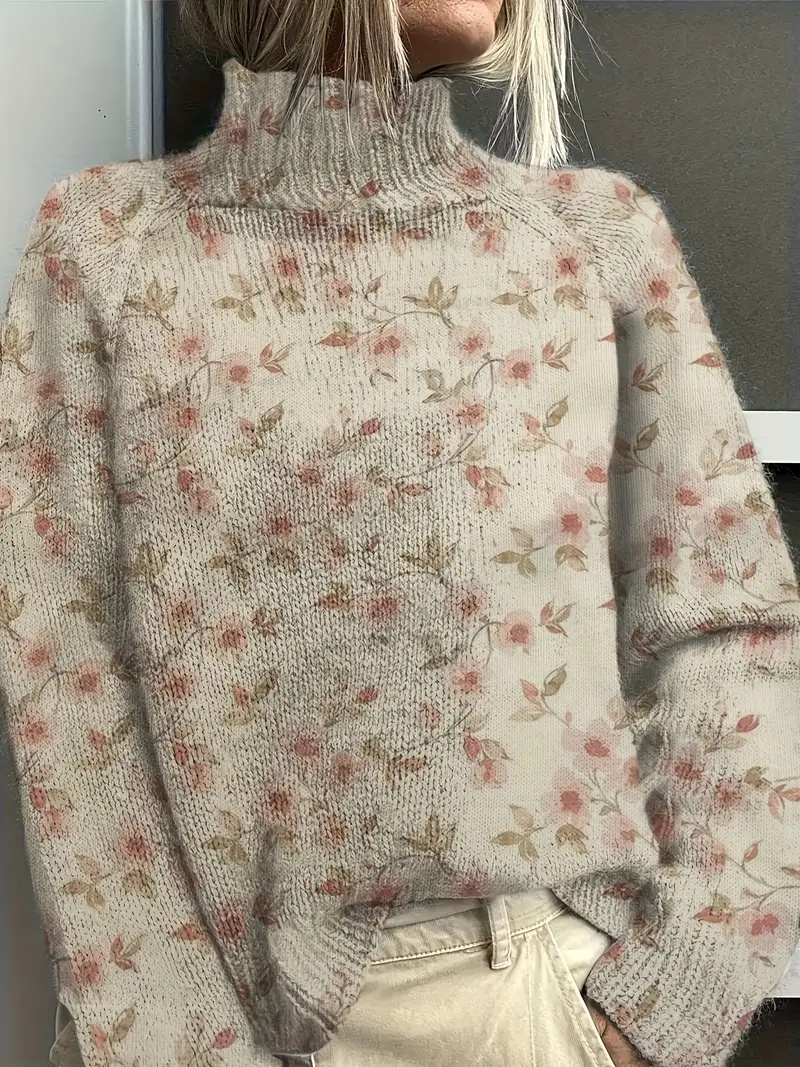 Women's Vintage Floral Print Pullover - Turtleneck Long Sleeve Loose Fit Polyester Top - Image 8