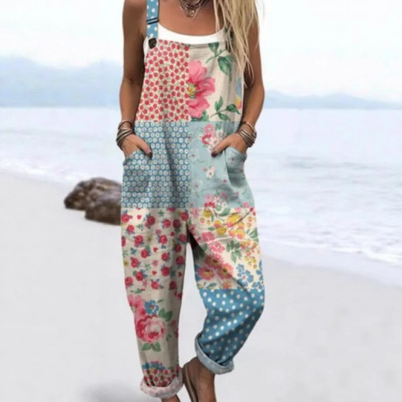 New Summer Digital Printing Button Casual Suspender Trousers
