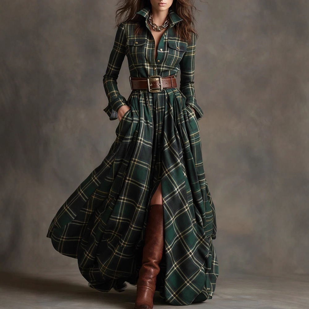 Large Size Women's Clothing French Retro Grid Slim Irregular Dress - Image 5