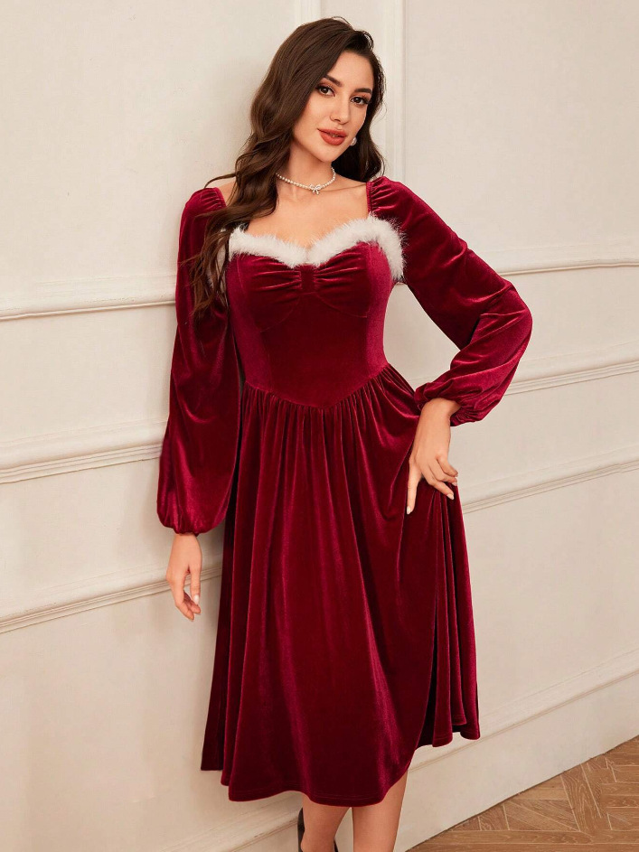 Women's Vintage Christmas Party Long Sleeve Red Dress - Image 3