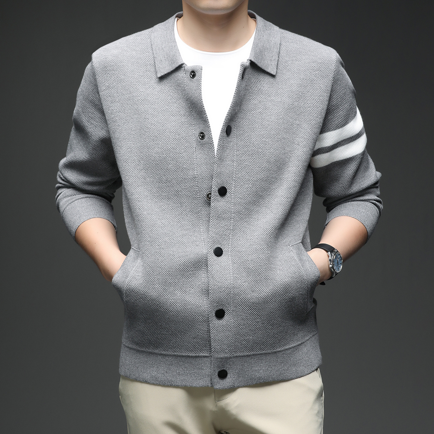 Knitted Cardigan Lapel Korean Slim Men's Jacket - Image 8