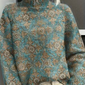 Women's Vintage Floral Print Pullover - Turtleneck Long Sleeve Loose Fit Polyester Top