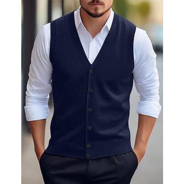 Casual Vest Solid Color Sleeveless Four Seasons Wool Knit Cardigan Men's Vest - Image 2