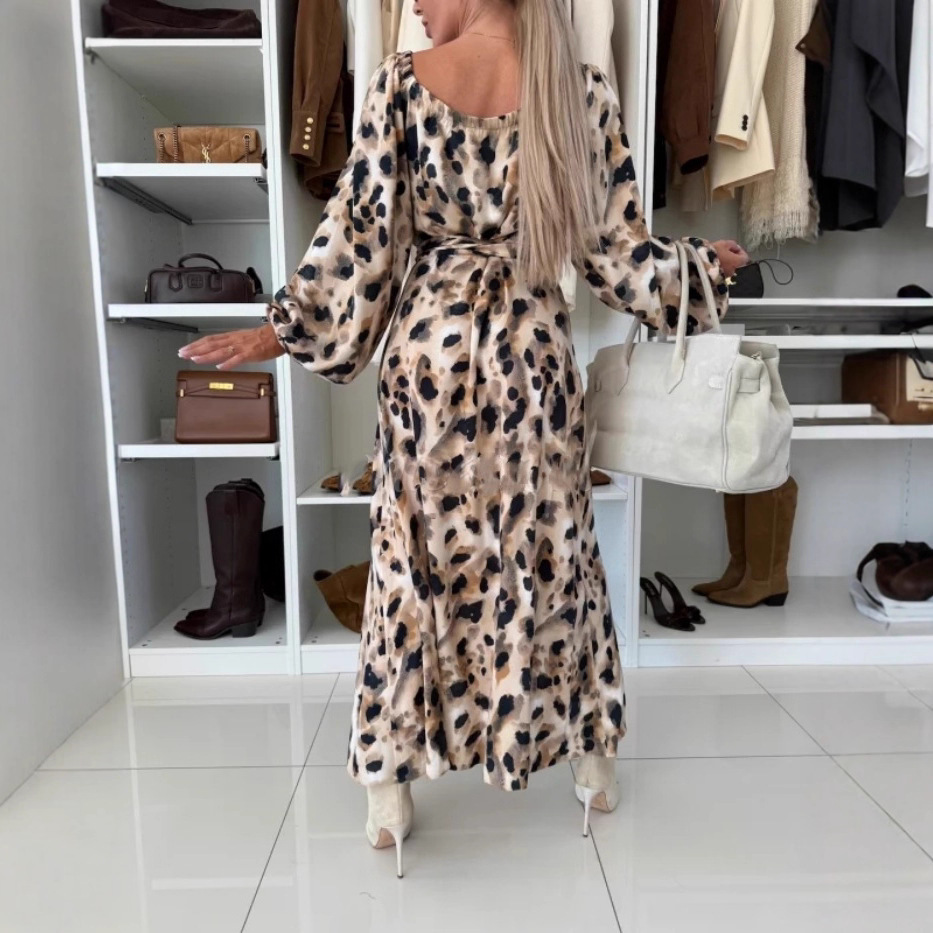 Women's Printed Waist-controlled Hem Slit Long-sleeved Dress - Image 3