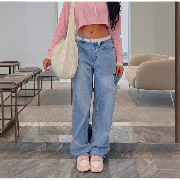 Fashionable Oblique Waist Low Waist Loose Hole Jeans For Women - Image 2