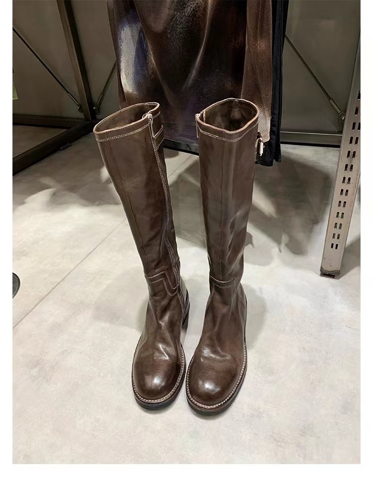 Washed Horse Leather Belt Buckle Thick Bottom Thigh High Boots Women - Image 3