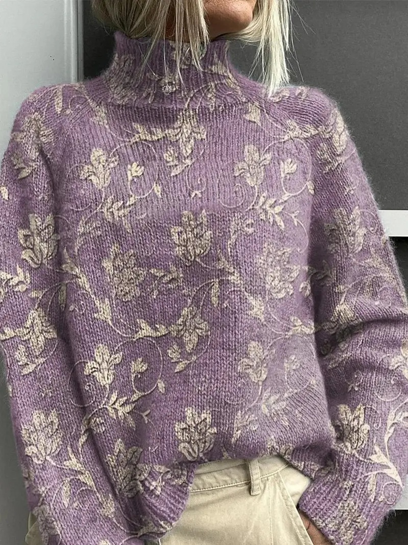 Women's Vintage Floral Print Pullover - Turtleneck Long Sleeve Loose Fit Polyester Top - Image 3