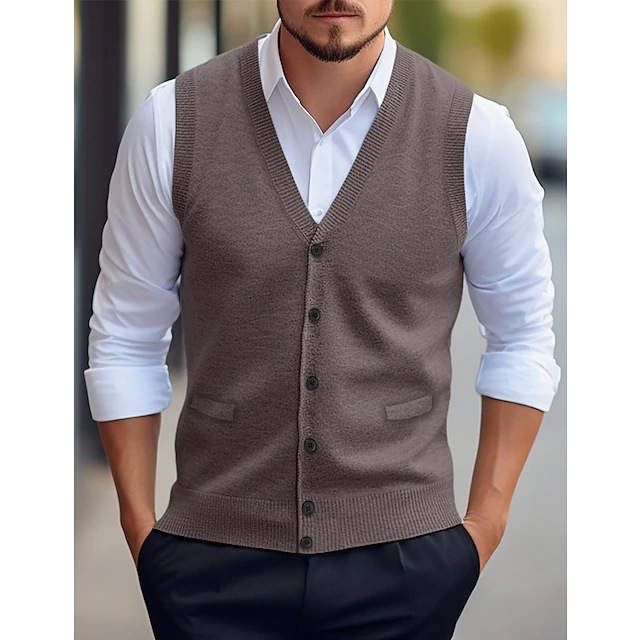 Casual Vest Solid Color Sleeveless Four Seasons Wool Knit Cardigan Men's Vest - Image 5