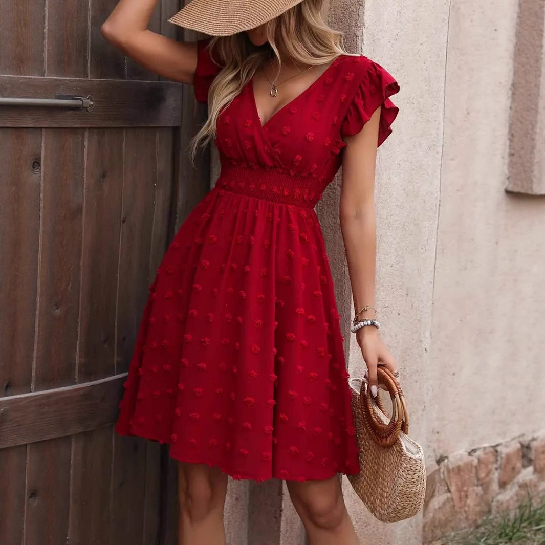 Jacquard Big Fur Ball Elastic Waist Ruffle Sleeve Short Sleeve V-neck Dress - Image 5