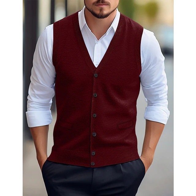 Casual Vest Solid Color Sleeveless Four Seasons Wool Knit Cardigan Men's Vest - Image 3