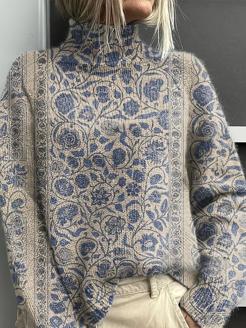 Women's Vintage Floral Print Pullover - Turtleneck Long Sleeve Loose Fit Polyester Top - Image 4