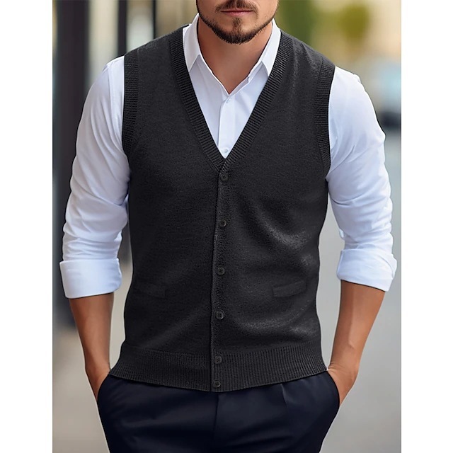 Casual Vest Solid Color Sleeveless Four Seasons Wool Knit Cardigan Men's Vest - Image 8