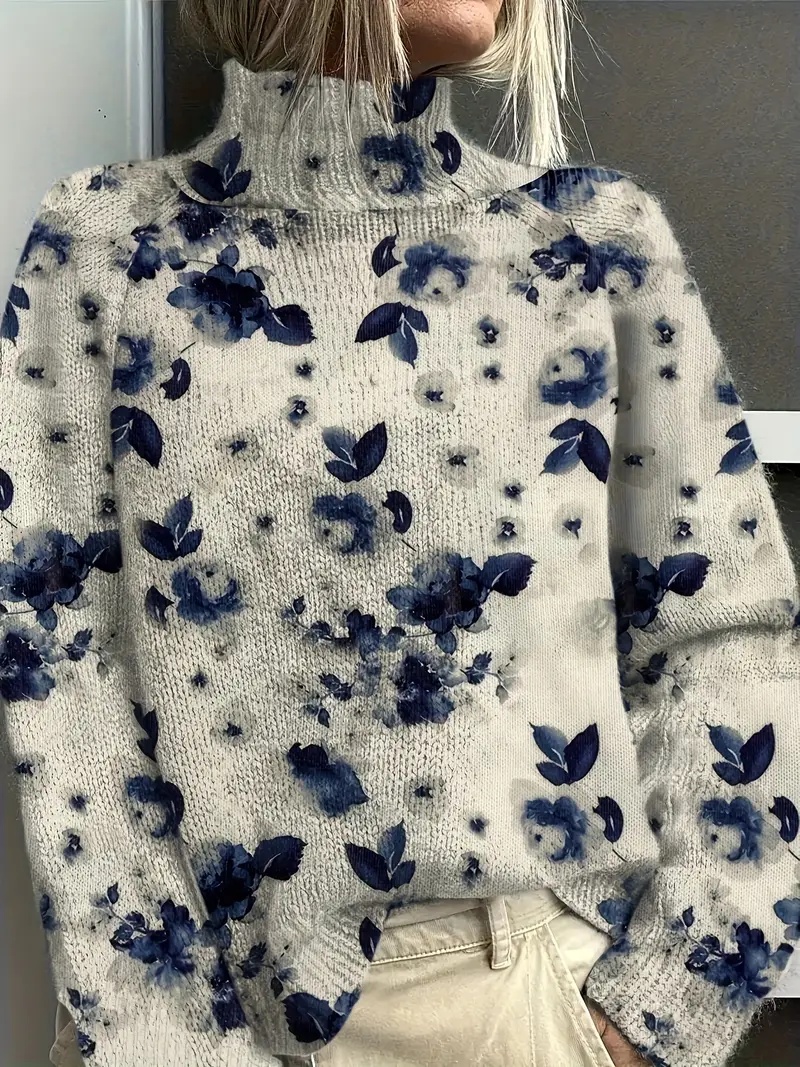 Women's Vintage Floral Print Pullover - Turtleneck Long Sleeve Loose Fit Polyester Top - Image 9