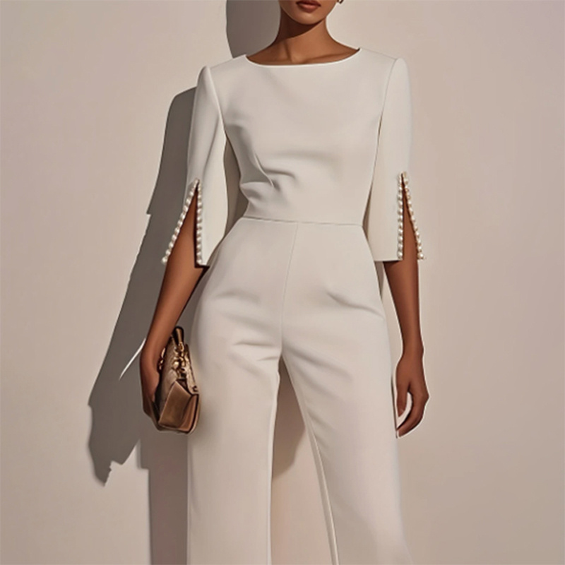 Women's Elegant Round Neck Jumpsuit - Mid-Sleeve With Side Slit Cuffs & Pearl Accents, Back Zipper Design For Casual To Formal Events - Image 2