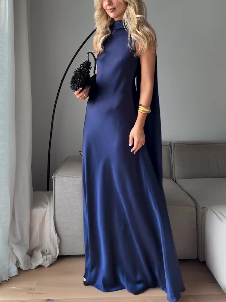 Royal Blue Satin Sleeveless Maxi Dress - Image 4