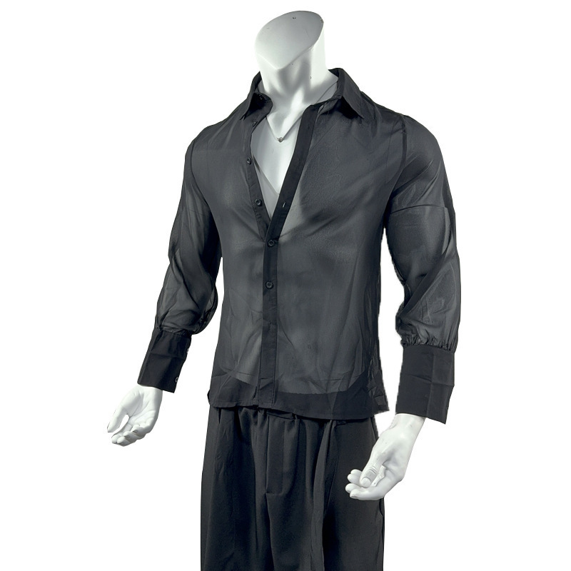 Black Thin See-through Chiffon Men's Slim Shirt - Image 4